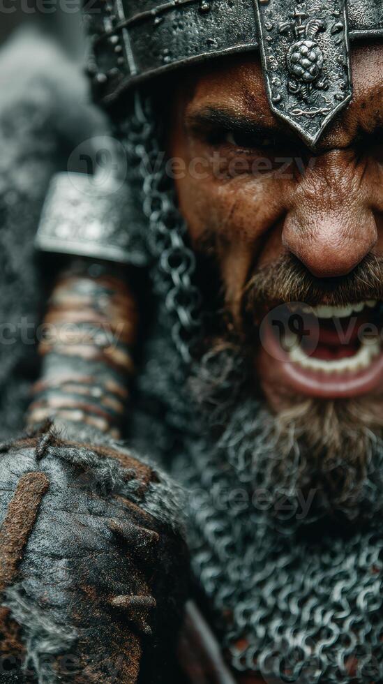 Fierce warrior in chainmail ready for battle with spear in hand during a medieval reenactment in a forest setting photo