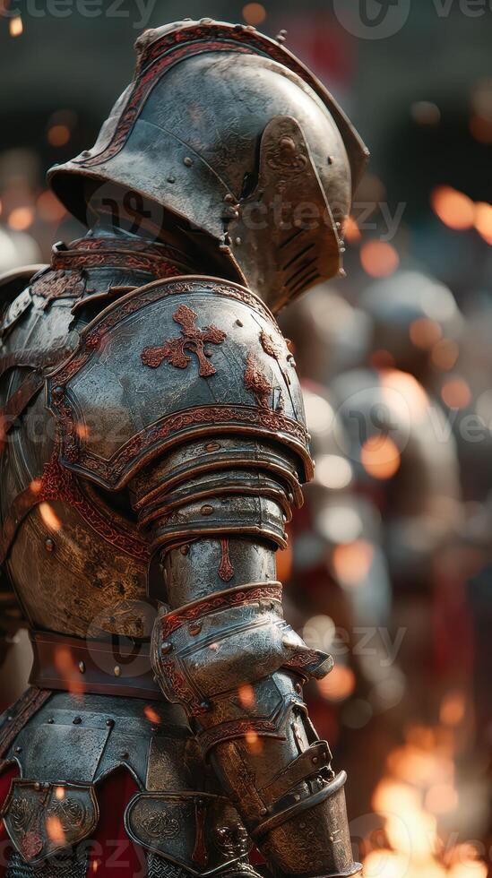 Medieval knight in detailed armor stands amid flickering sparks at a historical reenactment event photo