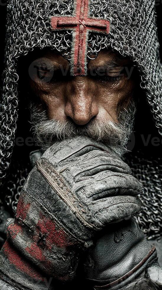 Medieval knight praying in chainmail armor with a cross on his hood during a solemn moment of reflection photo