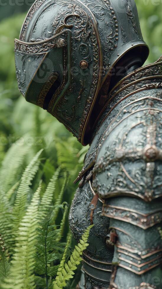 Detailed knight armor amidst lush ferns in a vibrant forest setting during daylight photo