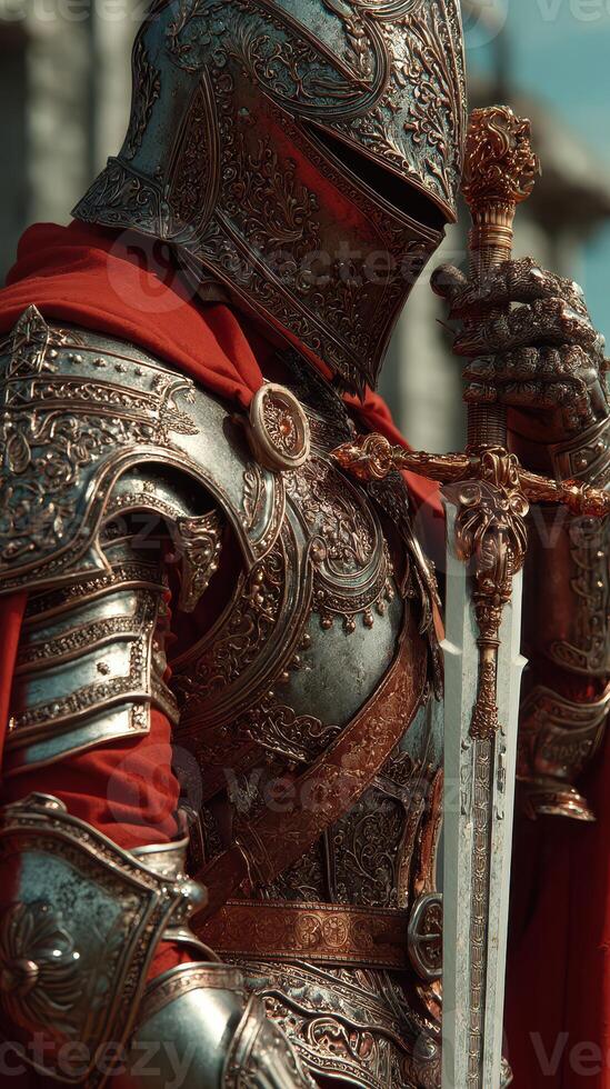 Intricate armored knight holding a sword, showcasing detailed craftsmanship in a historical setting during daylight photo