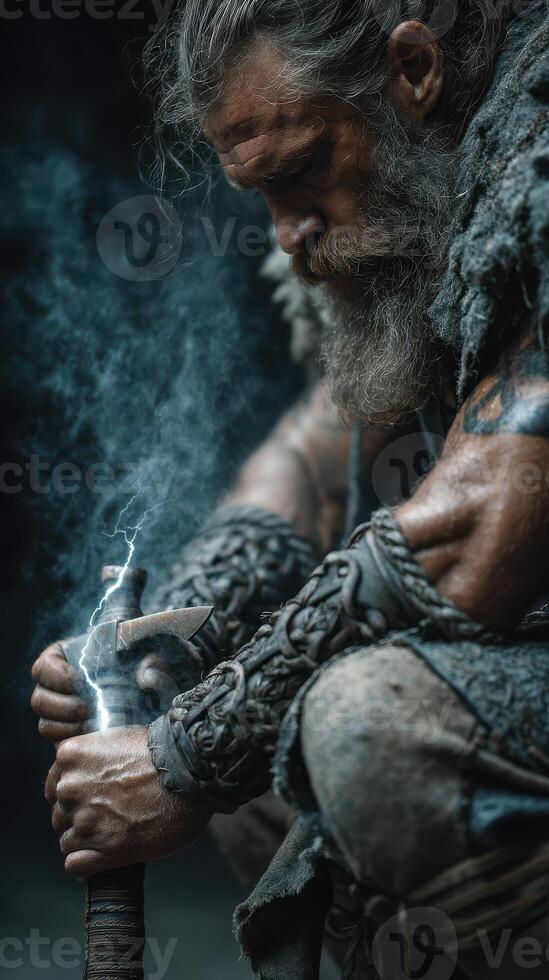 Warrior preparing weapon while lightning strikes in a mystical forest setting during twilight photo