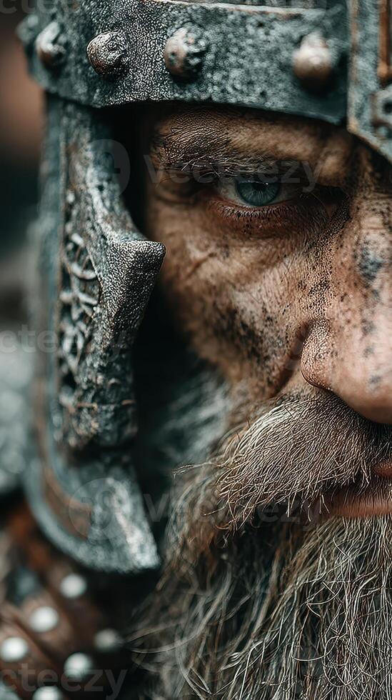 Detailed close-up of a medieval warrior showing determination and grit during a battle re-enactment photo