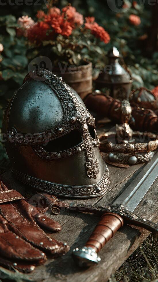 Ancient warrior gear displayed on rustic wooden table surrounded by greenery and flowers photo