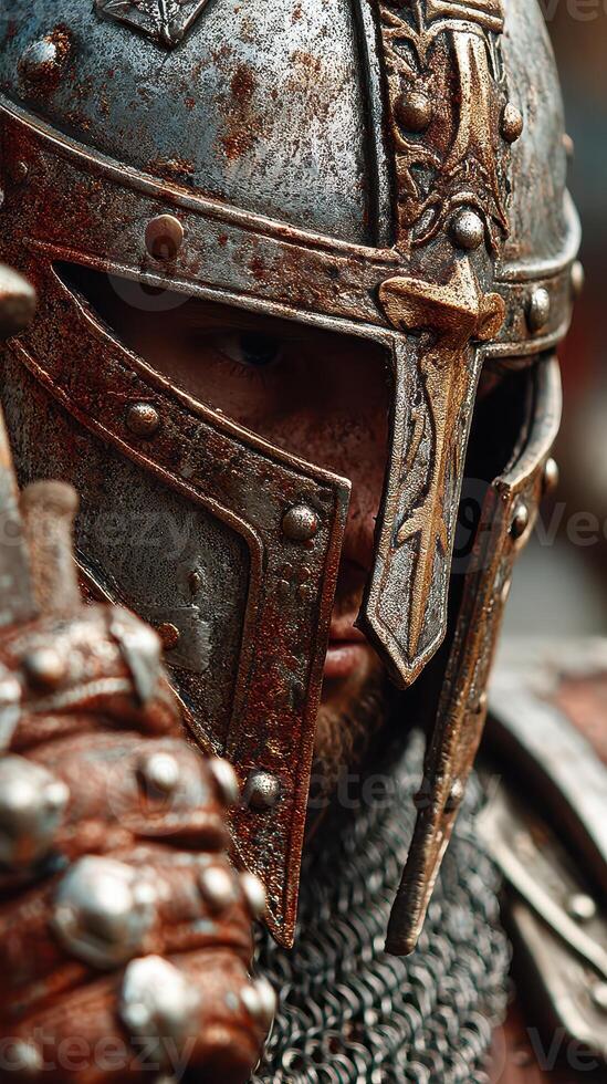 Warrior in rusted armor stands firm at dawn, preparing for the impending battle in a medieval setting photo