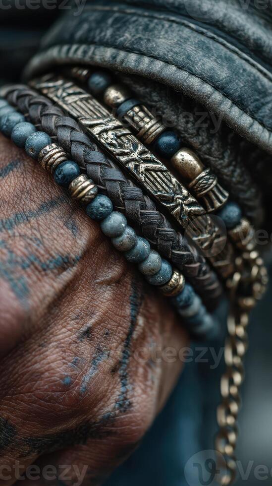 Hand adorned with various bracelets and intricate tattoos showcases a blend of personal style and cultural significance in a close-up view photo
