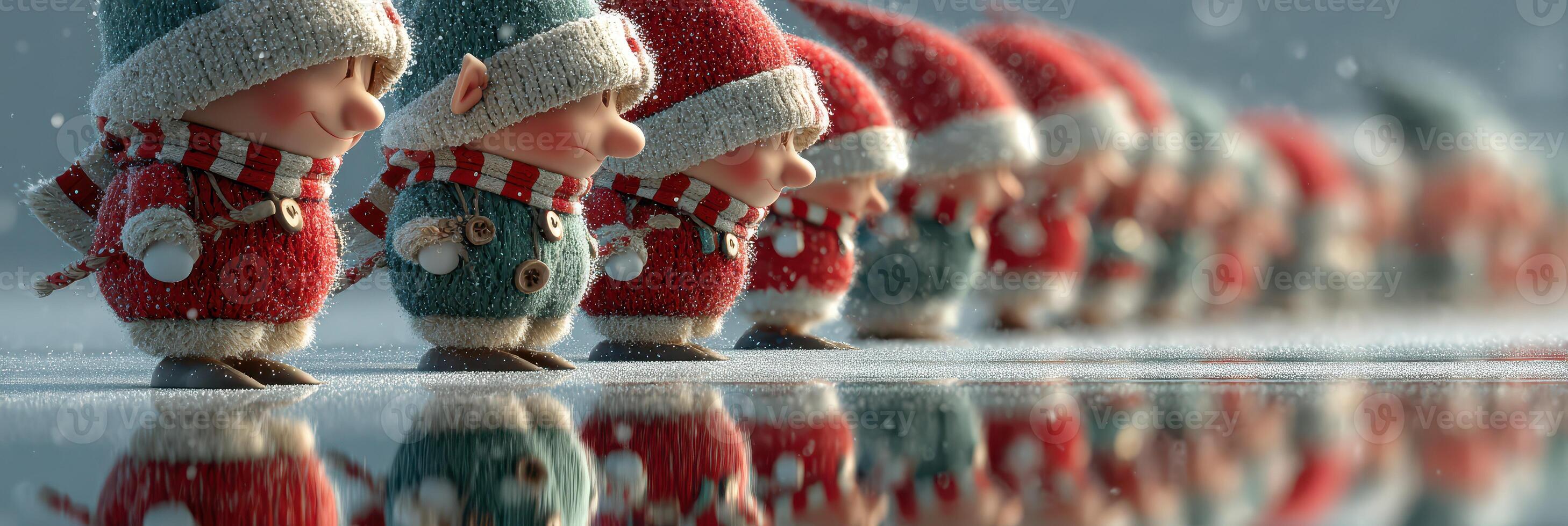 Winter festive scene with cheerful snow-covered elves standing in a winter wonderland photo
