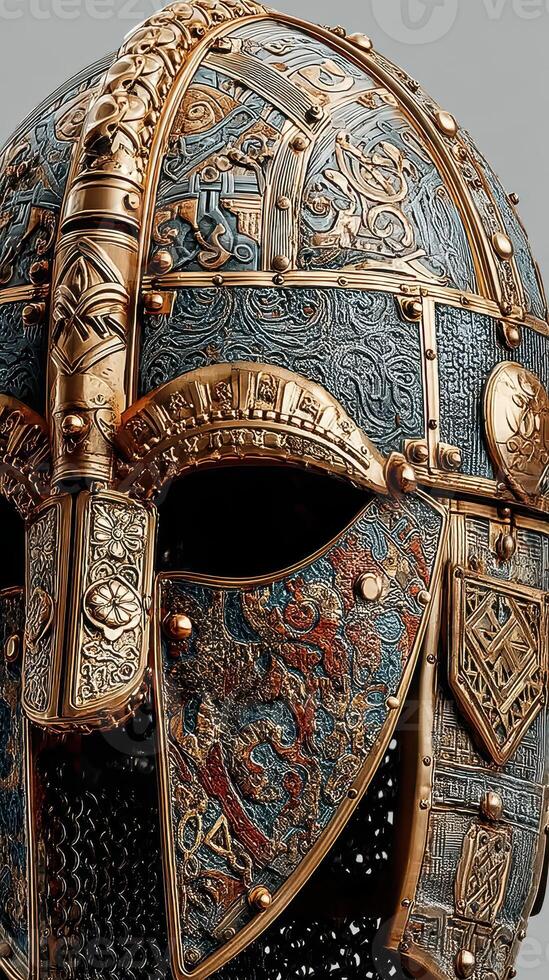 Exquisite craft of an ancient warrior helmet showcasing intricate designs and historical significance photo