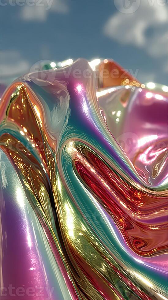 Colorful reflective fabric drapes under bright sunlight in a natural outdoor setting photo