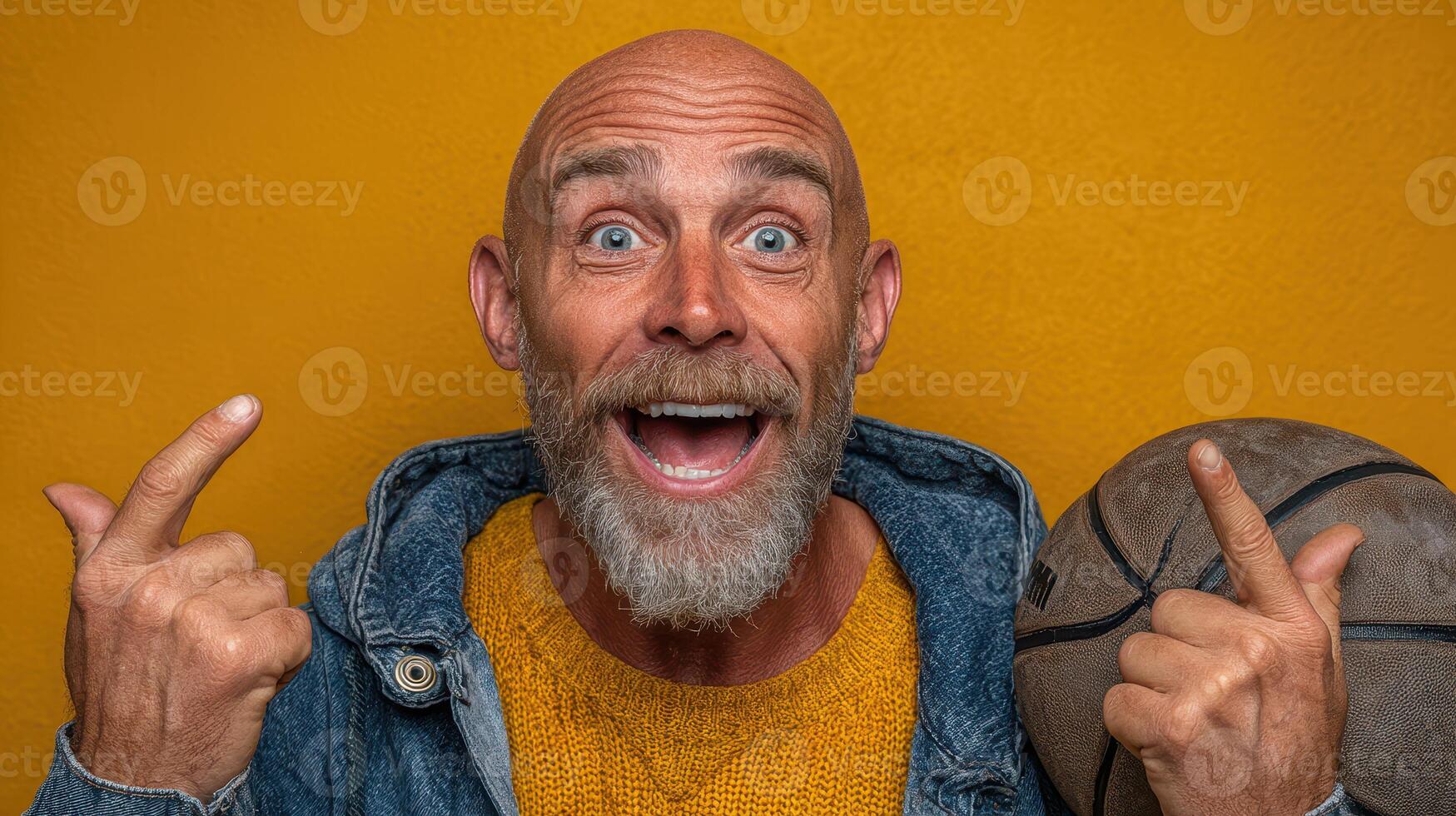 Older man expressing joy while holding a basketball against a vibrant yellow background in a cheerful indoor setting photo