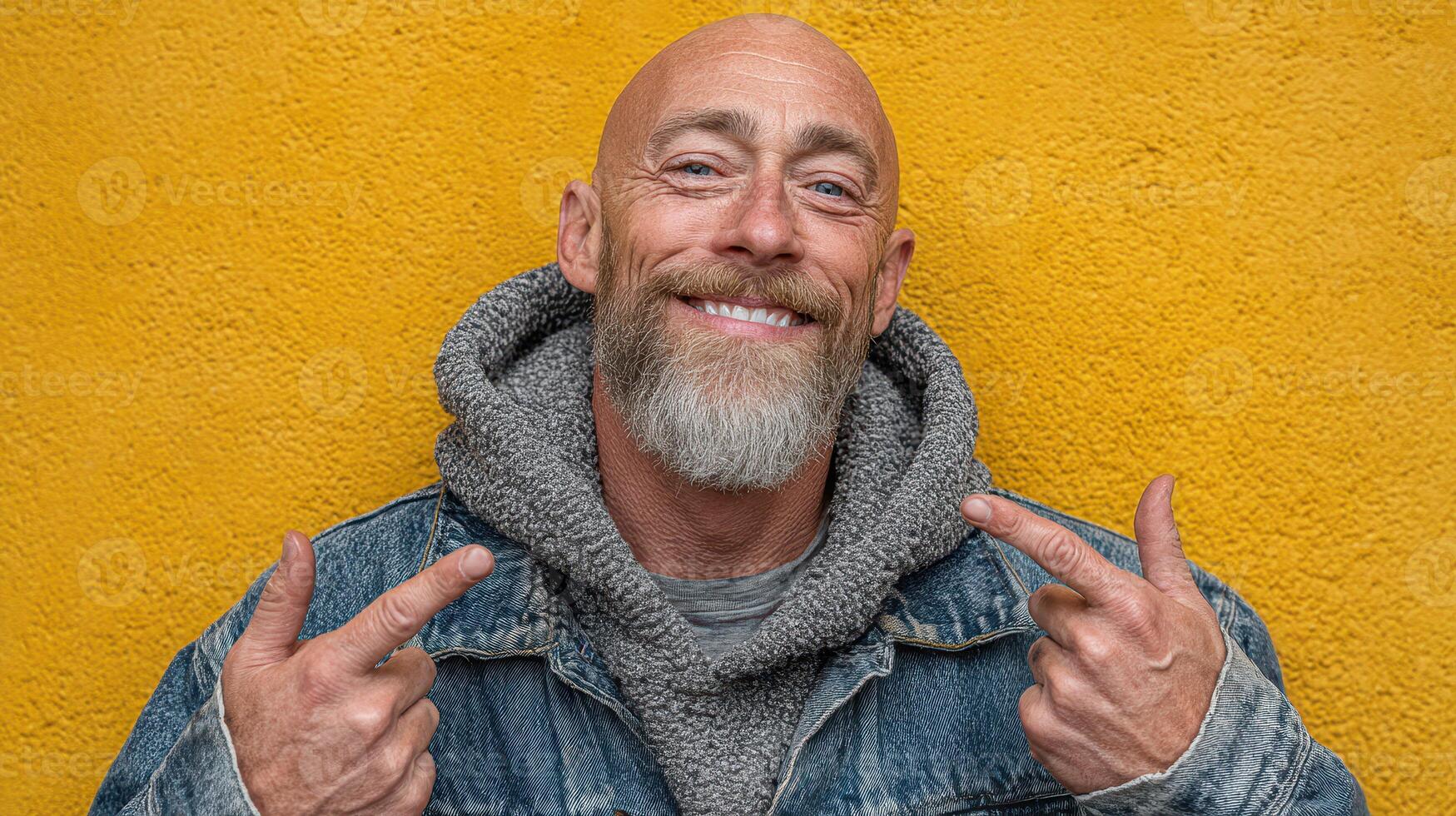Smiling man with a beard poses playfully against a vibrant yellow wall in an urban setting photo