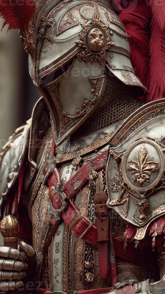 Intricate knight armor shines in historical reenactment, showcasing elaborate design and craftsmanship at medieval festival photo