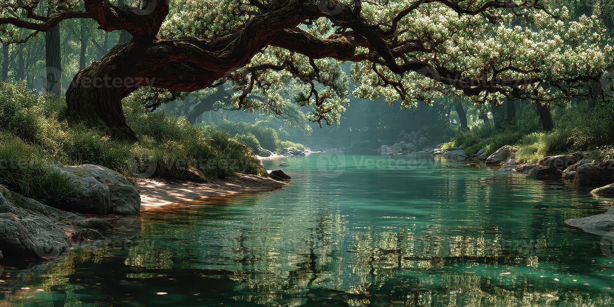 Serene river landscape under a sprawling tree with reflection at midday in a tranquil setting photo