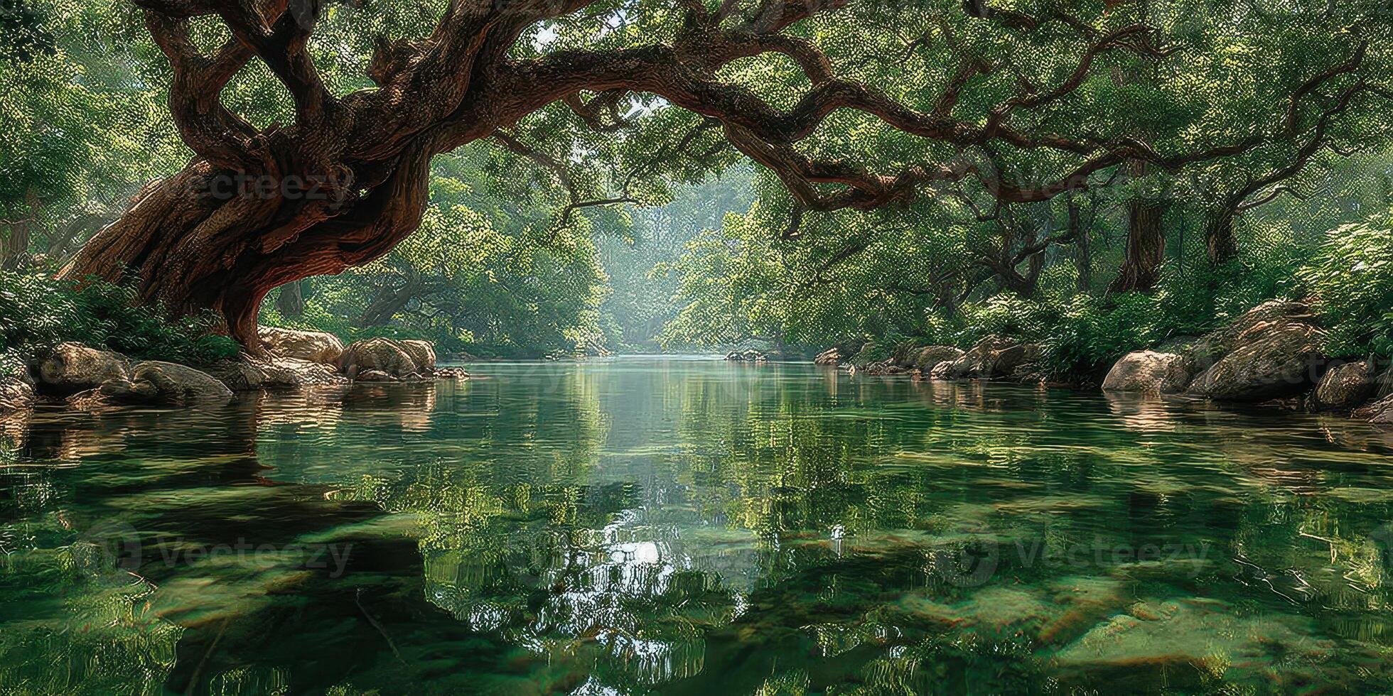 Serene riverside scene with lush greenery and tranquil water reflecting nature's beauty photo