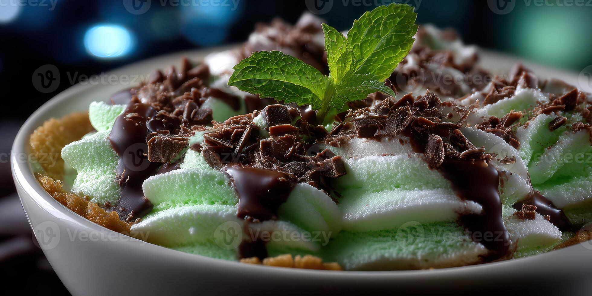 Delicious dessert featuring mint, chocolate, and whipped cream in a cozy setting at night photo