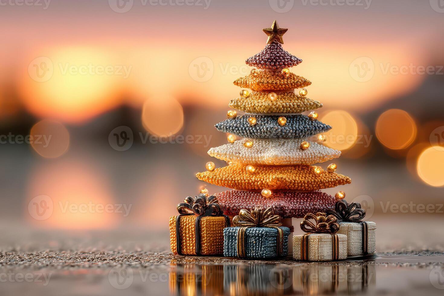 Beautifully crafted decorative Christmas tree with gifts at sunset in a cozy setting photo