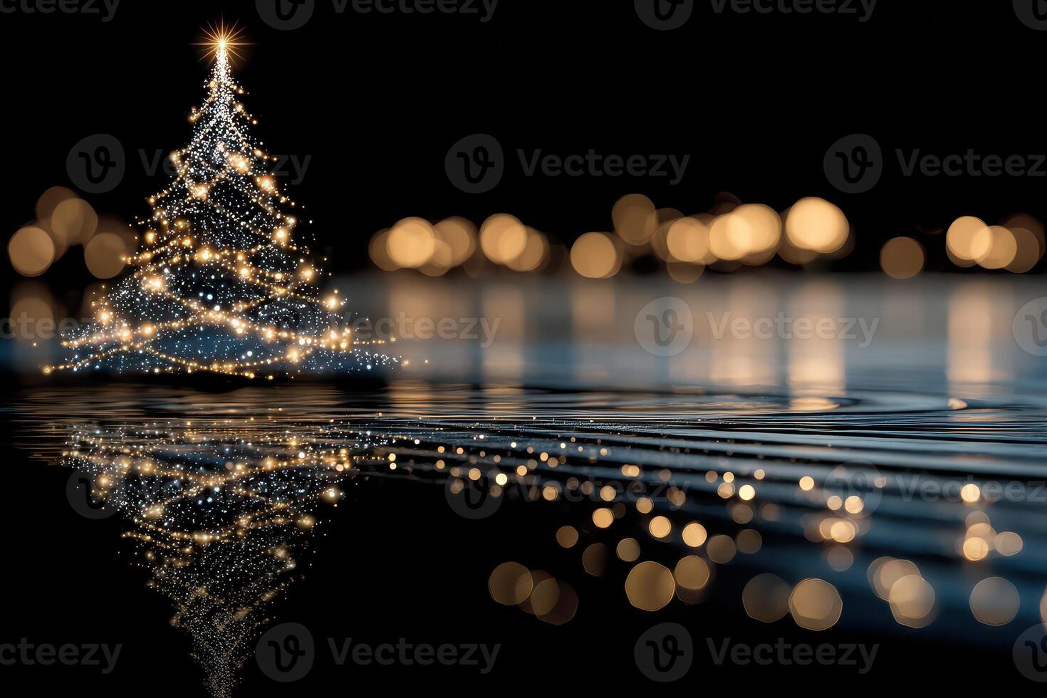 Sparkling Christmas tree reflects in calm water with warm lights in a cozy atmosphere during the holiday season photo