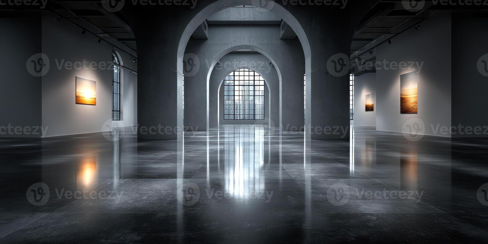 Modern art gallery with a spacious interior and reflective floors showcasing contemporary artwork photo