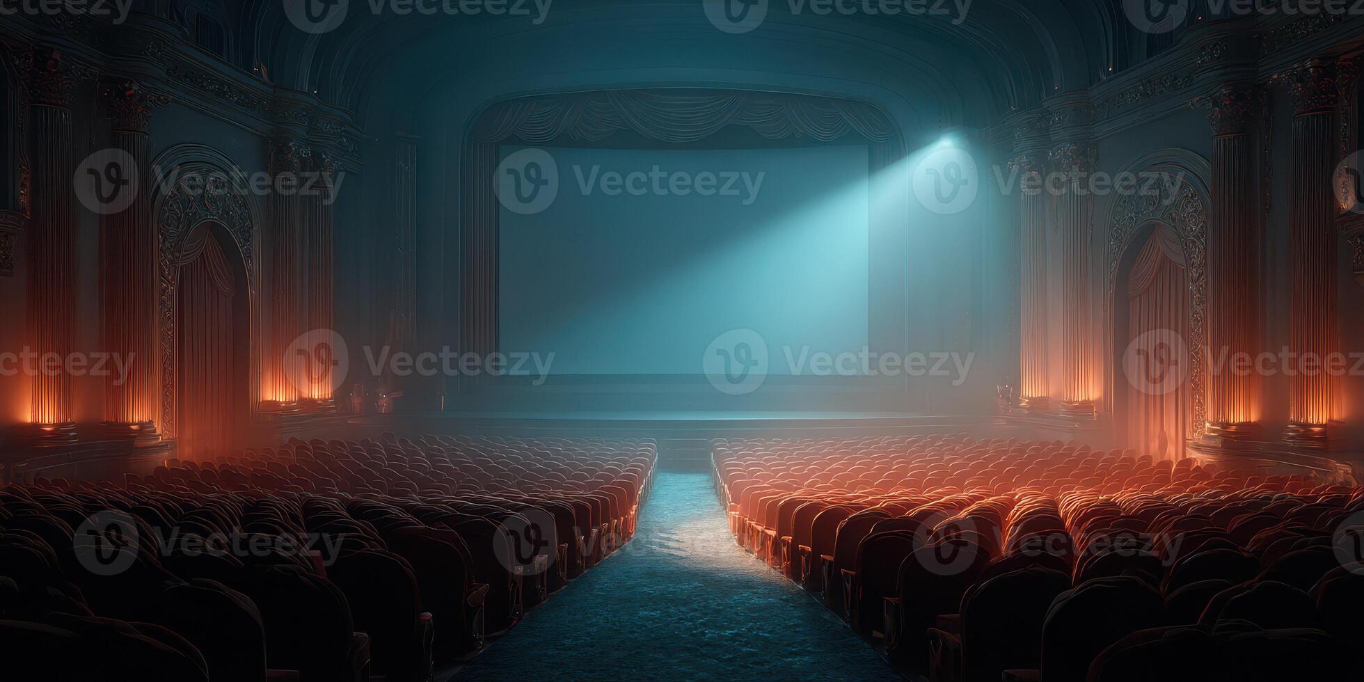 Vintage theater interior showcases empty seats and a bright spotlight illuminating the stage before a performance begins photo