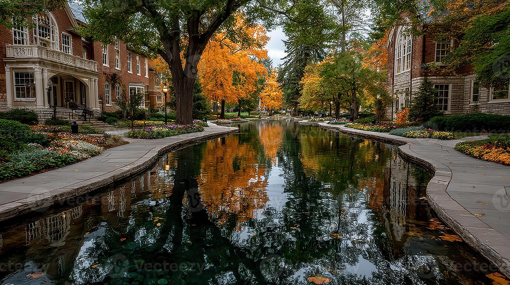 Beautiful autumn landscape with reflections in a serene waterway surrounded by trees and historic buildings photo