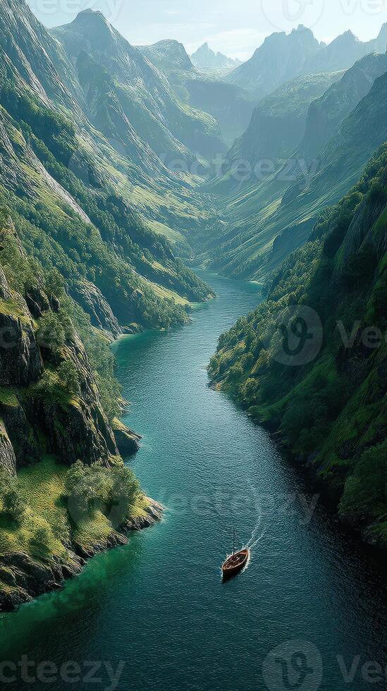 Majestic river flowing through a lush valley with a sailing boat at dawn in a remote mountain landscape photo