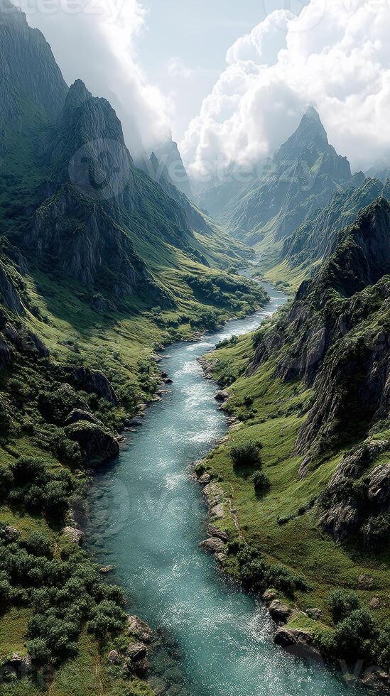 Majestic river flowing through rocky mountains under a cloudy sky at sunrise photo