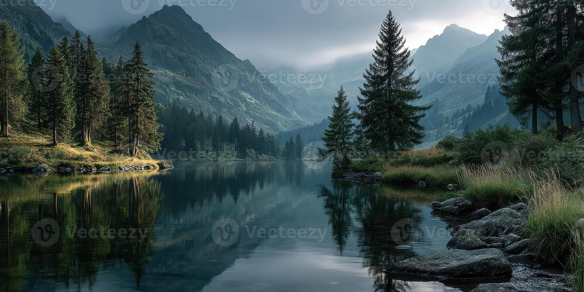 Majestic mountain landscape with serene lake reflecting pine trees under a cloudy sky during early morning light photo