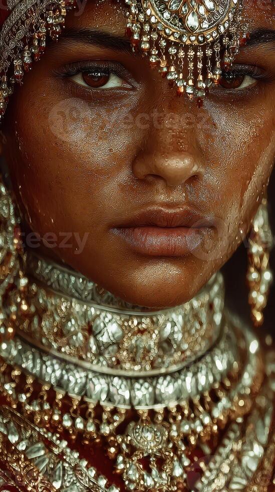 Intricate jewelry adorns a person with a radiant skin tone in a close-up shot, highlighting cultural beauty and tradition during a celebration photo