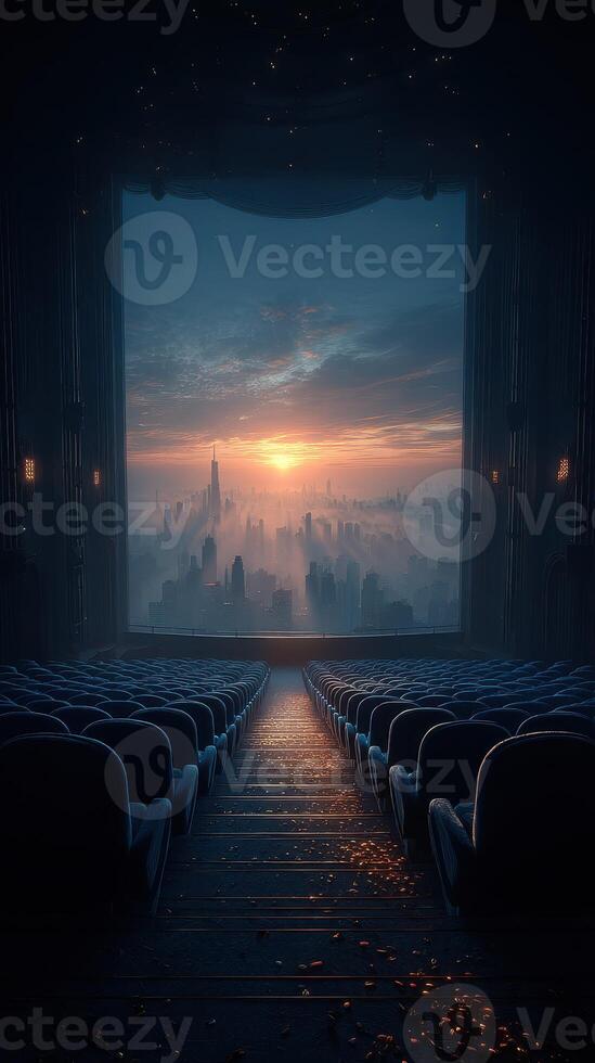 Sunrise over a city skyline viewed from an empty theater with plush seats, creating a blend of nostalgia and wonder photo