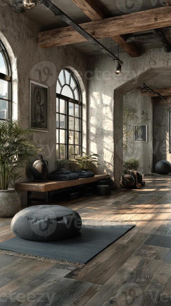 Modern interior design features calming textures and natural light in a spacious urban apartment lounge with minimalistic decor photo