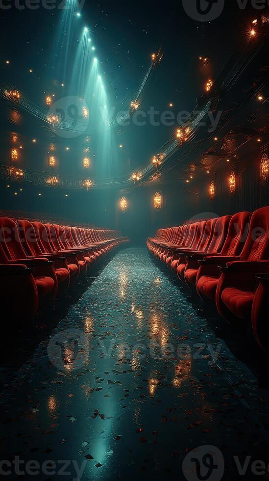 Dimly lit theater with red velvet seats and scattered petals on the floor during a performance at night photo
