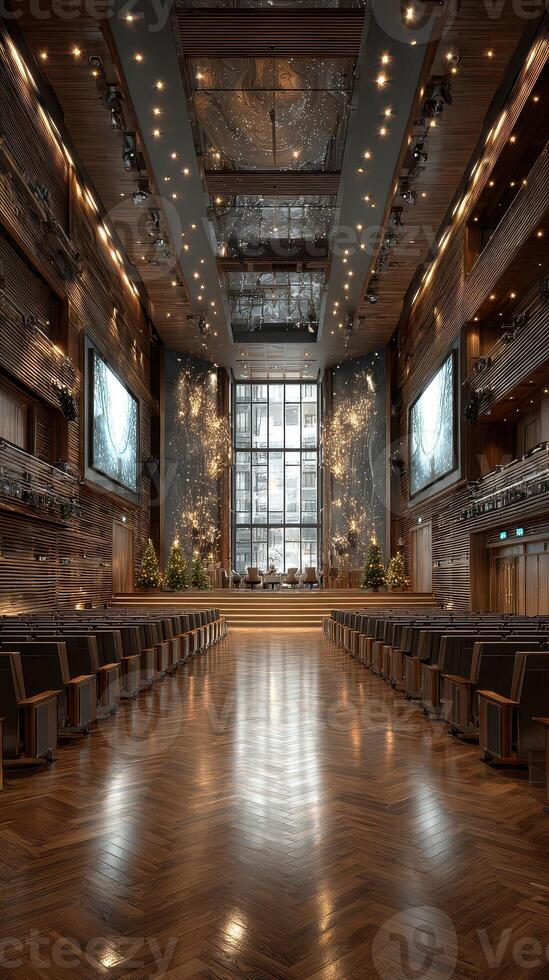 Elegant concert hall adorned for the festive season with wood paneling and ambient lighting in a modern architectural space photo