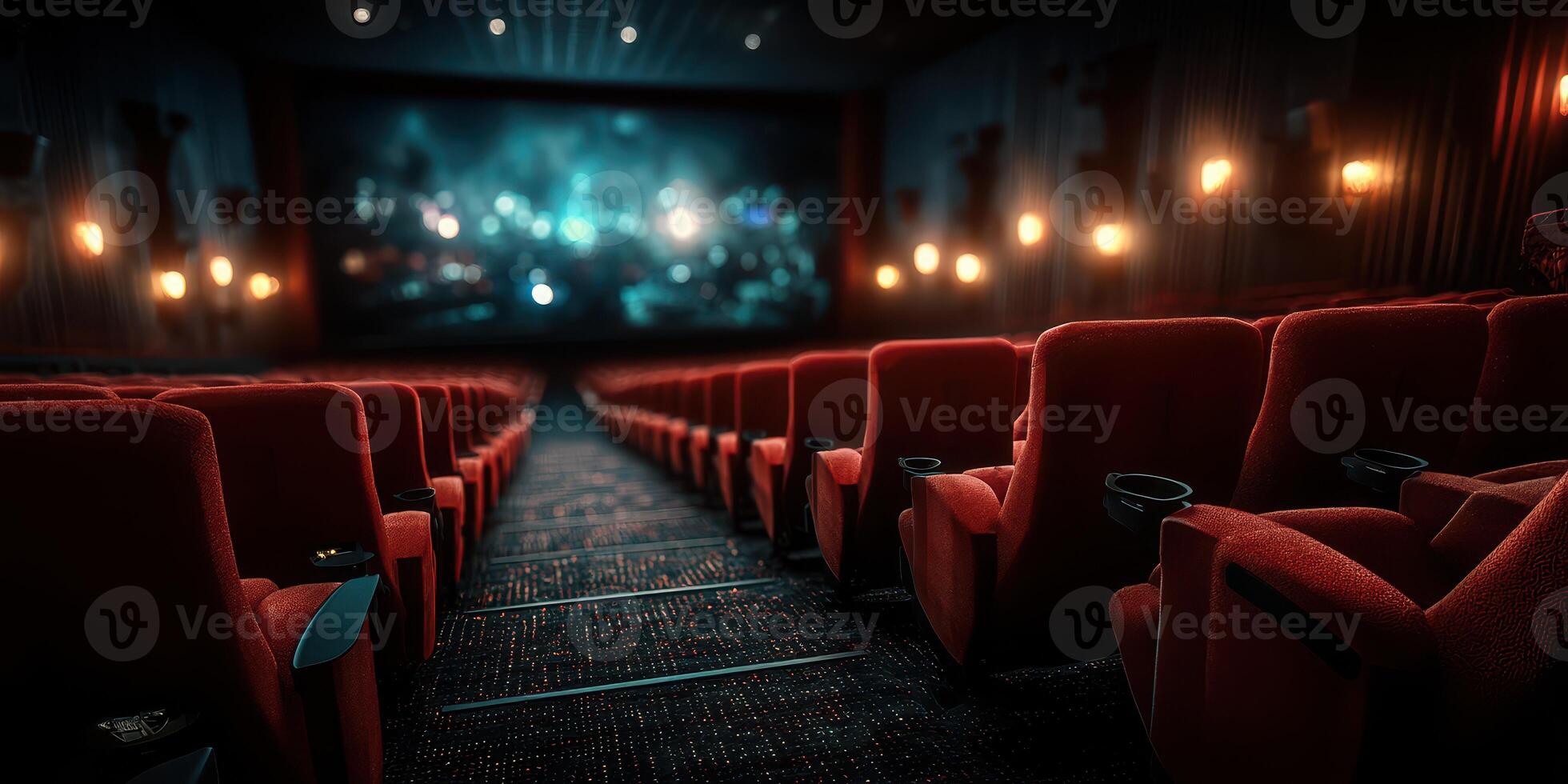 Empty theater showcasing red seats and a large screen in an evening setting with dim lights, preparing for audience arrival photo