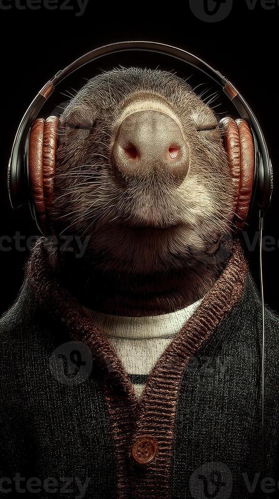 Humming along in style, a cozy animal enjoys music wearing headphones at home photo