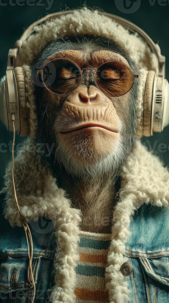 Monkey wearing headphones and sunglasses enjoys music while dressed in a cozy jacket in a relaxed setting photo