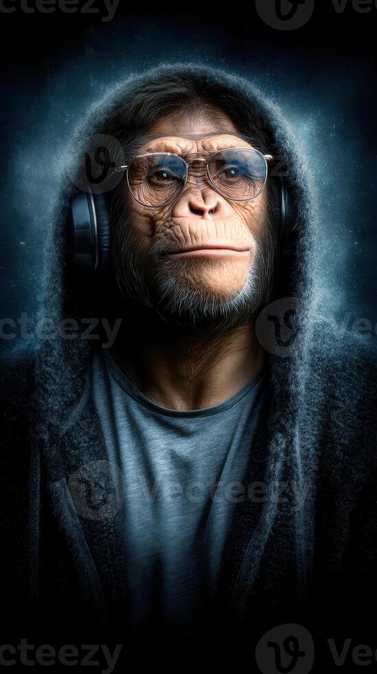 Digital portrayal of a humanoid ape with headphones wearing glasses and a hooded sweater in a moody atmosphere photo