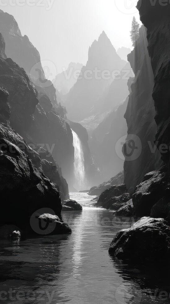 Stunning waterfall cascades through rocky canyon with towering peaks in the background during a misty morning photo