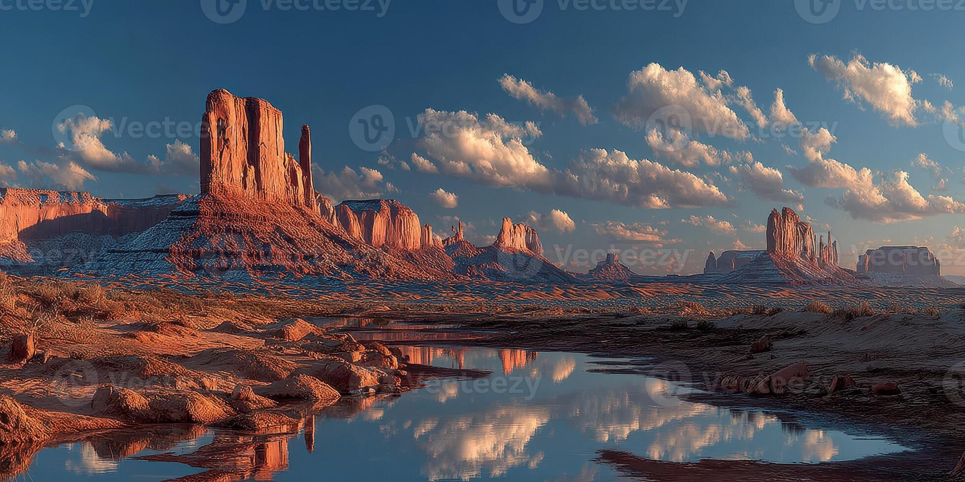 Majestic view of Monument Valley with rocky formations and serene water reflection at sunset photo