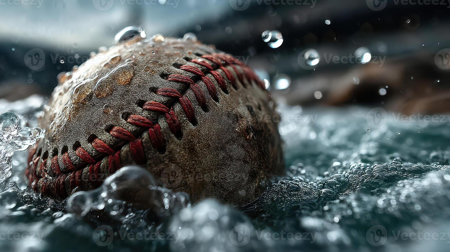 Old baseball submerged in water, showcasing droplets and texture during an overcast day photo