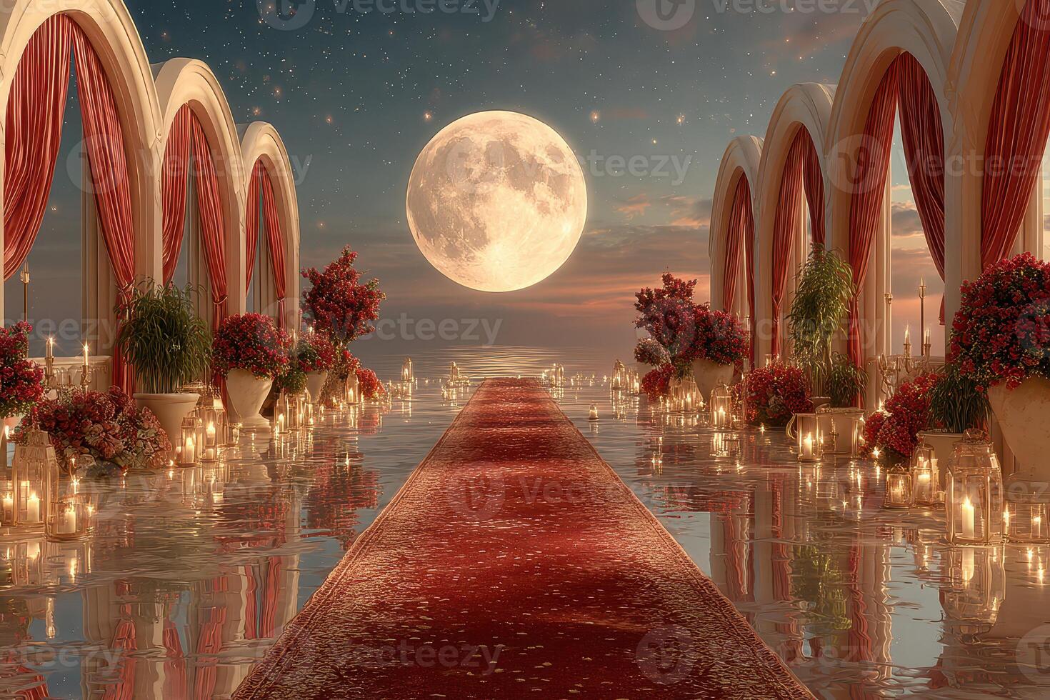 Romantic outdoor venue with a grand moon, elegant walkway, and beautiful floral decorations in a serene setting photo