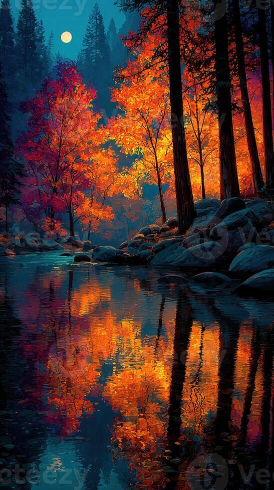 Vibrant autumn foliage reflecting in a serene river under a moonlit sky at twilight in a tranquil forest setting photo