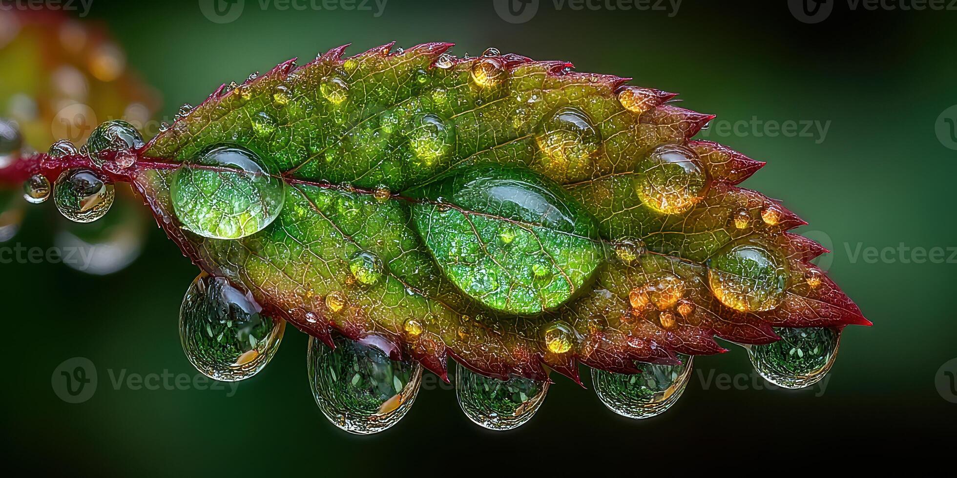 Close-up view of a leaf with water droplets highlighting intricate details in nature during early morning light photo