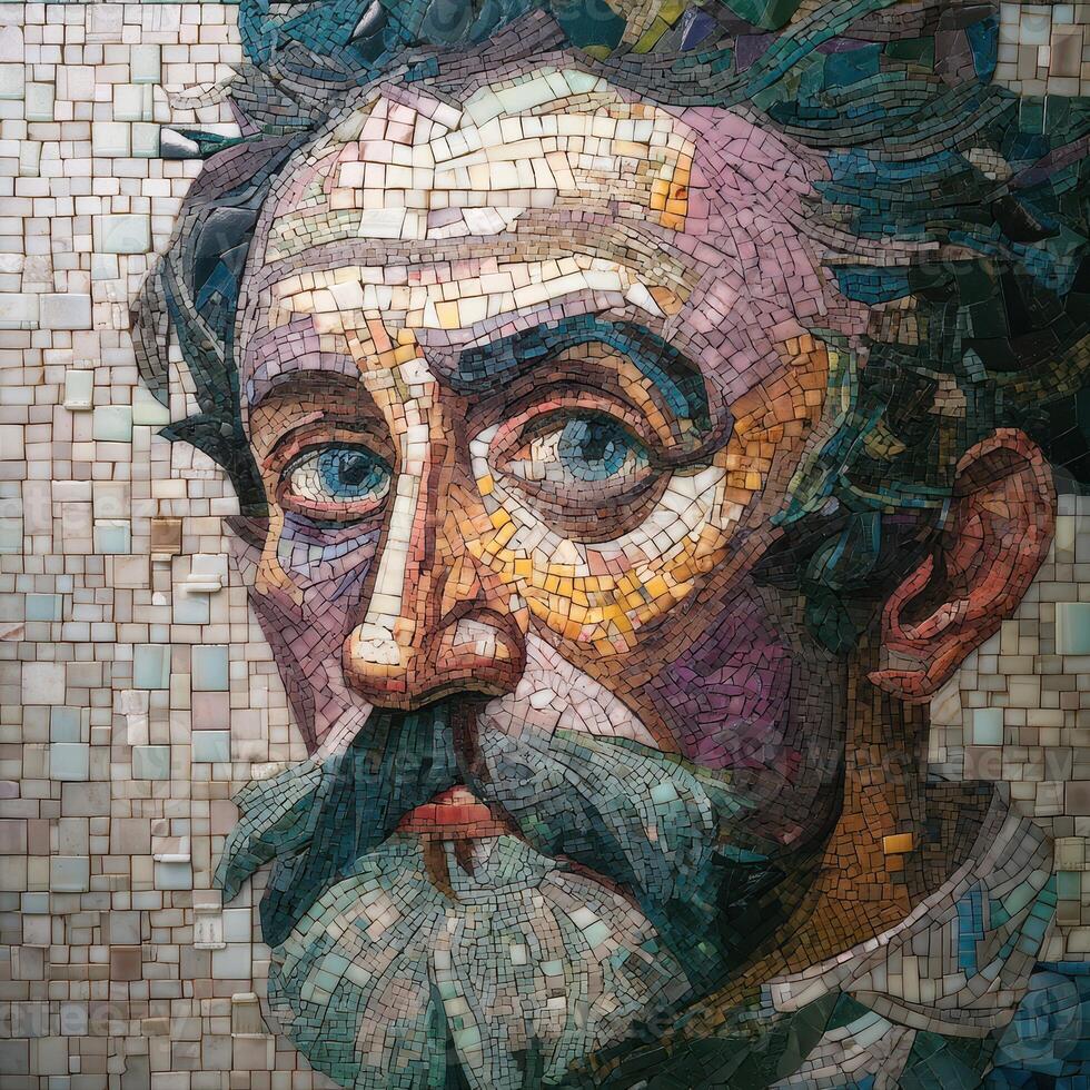 Mosaic artwork capturing intricate details of a man's face showcasing vibrant colors and craftsmanship photo