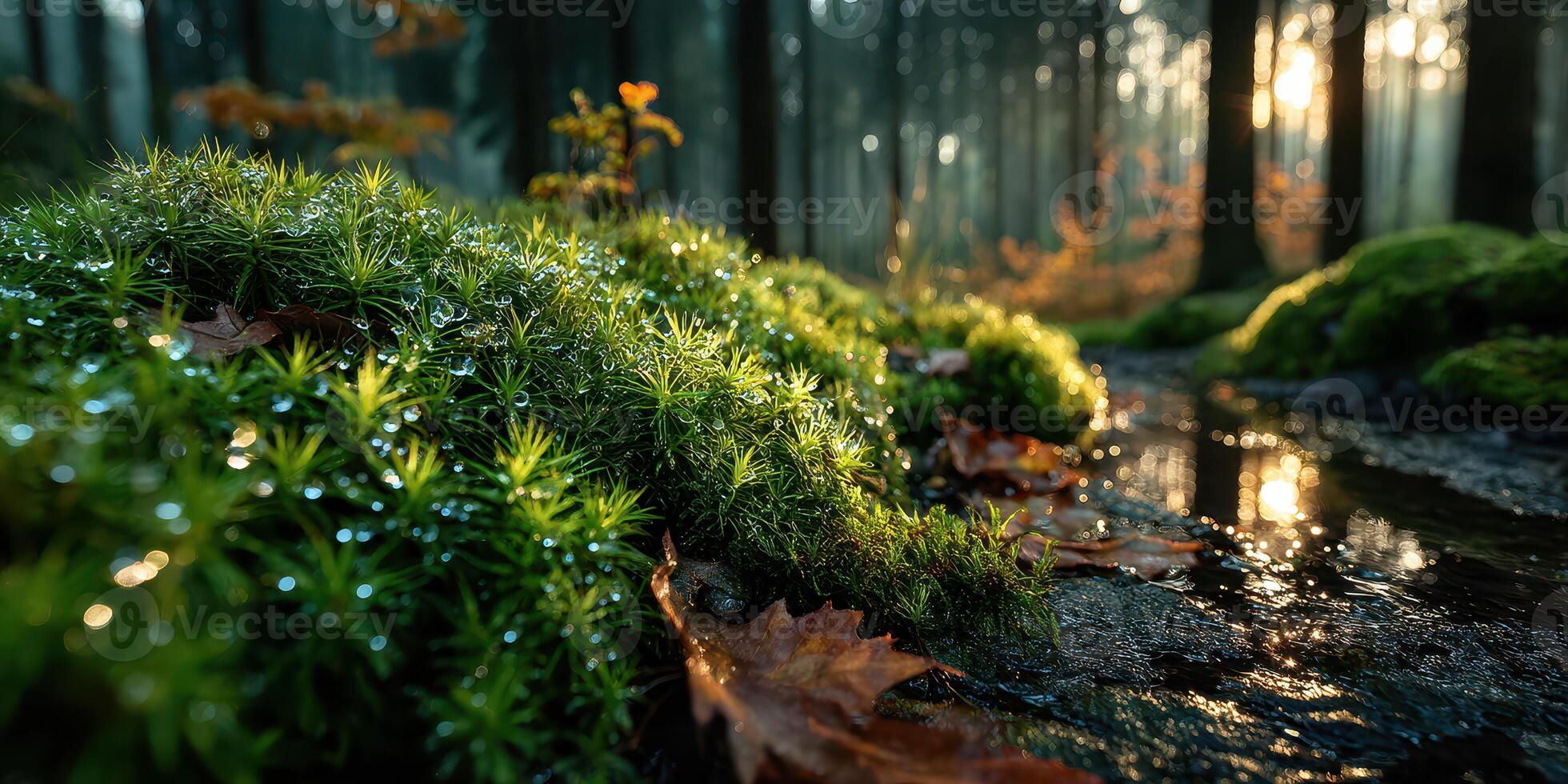 Dew-covered moss and fallen leaves alongside a tranquil stream in a dense forest at sunrise photo