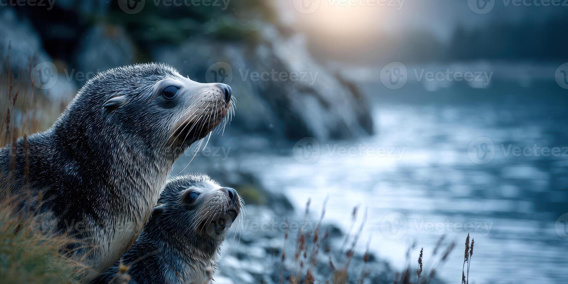 Two seals resting by the shore at dusk near a tranquil coastal landscape photo