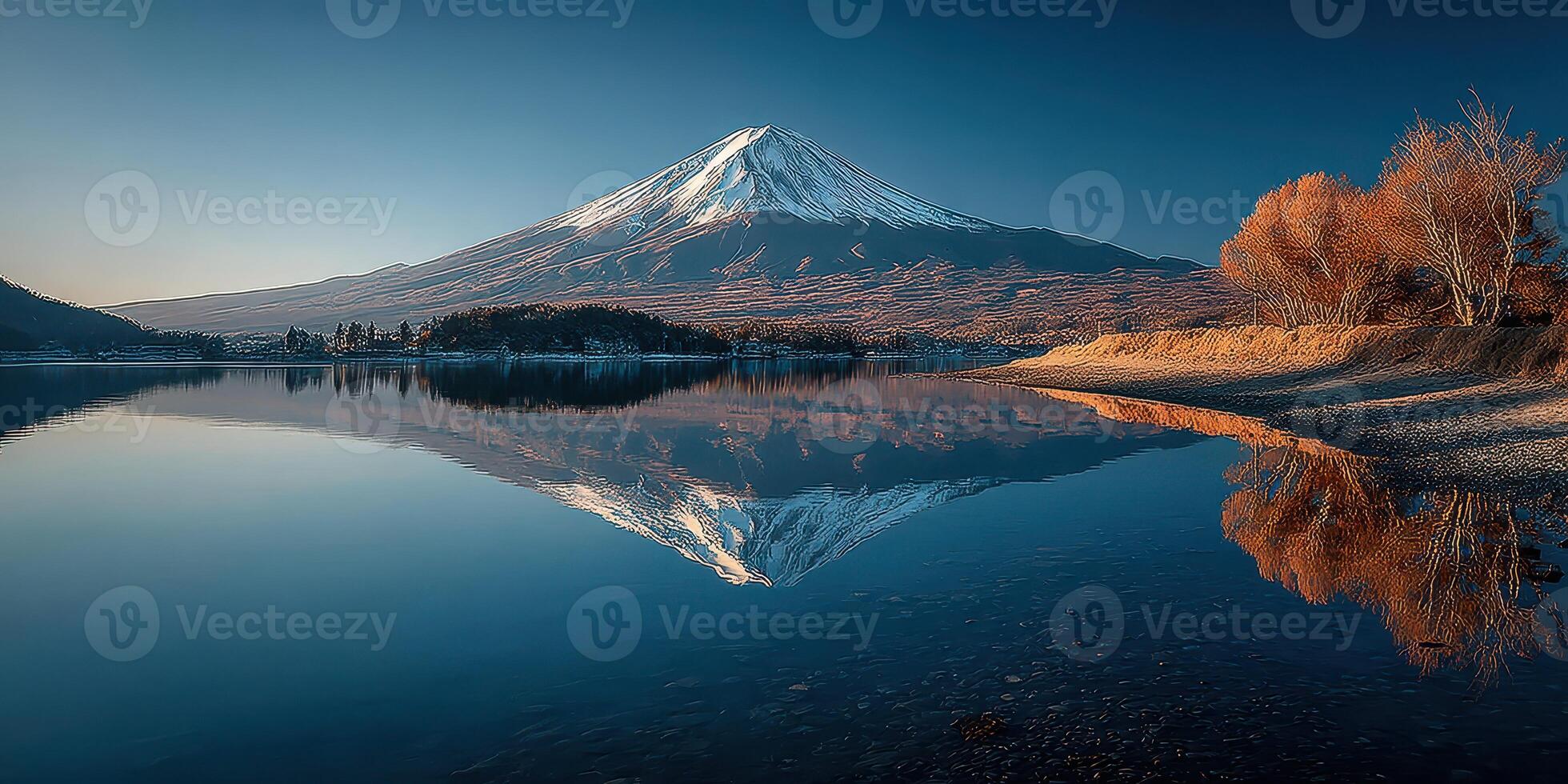 Majestic Mount Fuji reflected in a calm lake during twilight with clear skies and serene surroundings photo