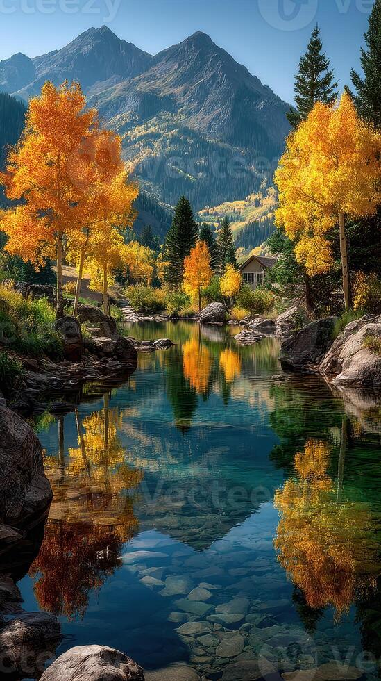 Autumn reflections in a tranquil mountain stream surrounded by vibrant foliage and peaks photo
