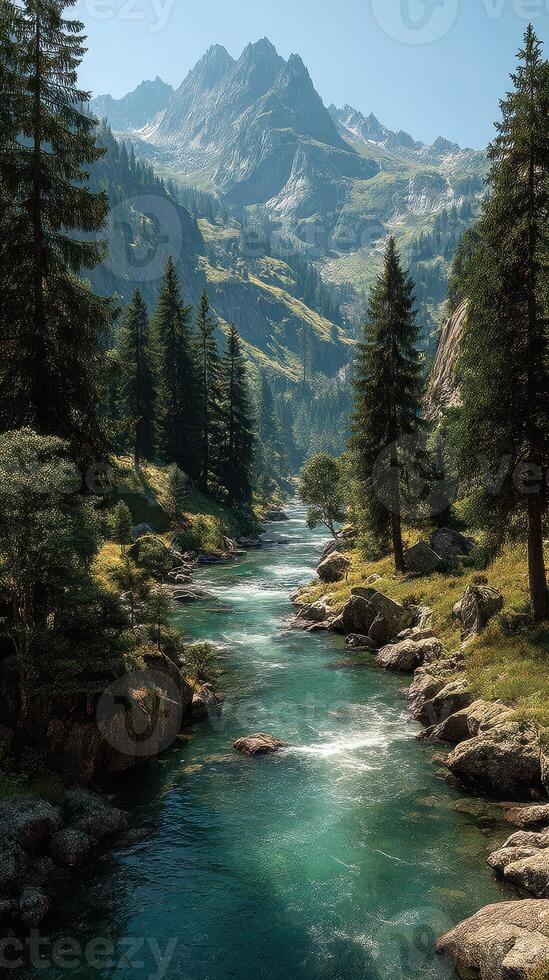 Misty mountains surround a tranquil river flowing through a vibrant forest in a peaceful summer landscape photo