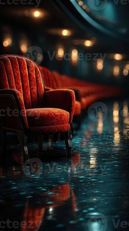 Elegant red armchairs in a dimly lit theater creating an inviting atmosphere for an evening performance photo