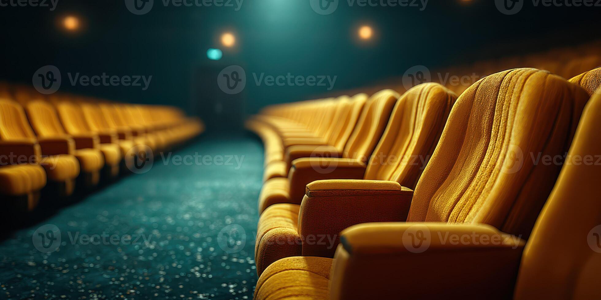 Rows of empty vintage cinema seats create a nostalgic atmosphere in a dimly lit theater space in the evening photo